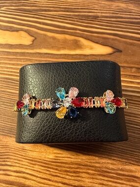 Gold Plated Multicolor Crystal Flower Tennis Bracelet - Women Jewelry
